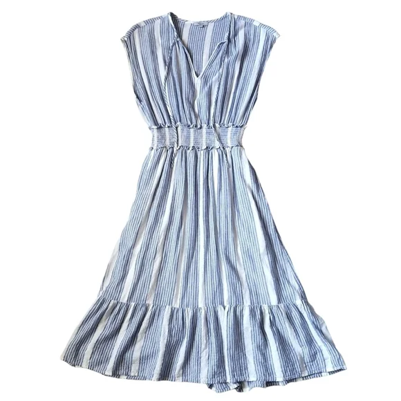 Rails Ashlyn Levanzo Striped Dress Sleeveless Smock Ruffle Blue Midi Linen Rayon - Picture 1 of 12